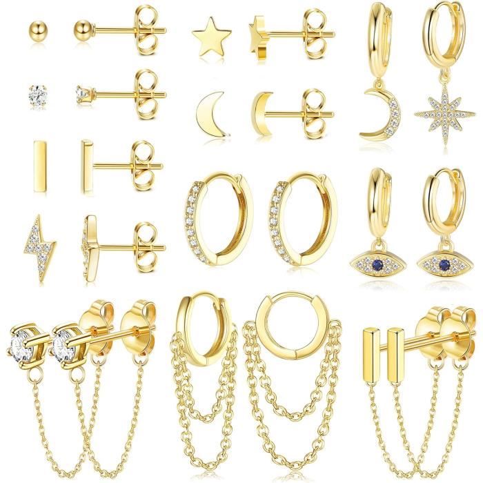Boucles D'oreilles Femme 12 Paires - Acier Inoxydable Hypoallergénique - Modèles étoile, Lune, Créoles - Cadeau Idéal