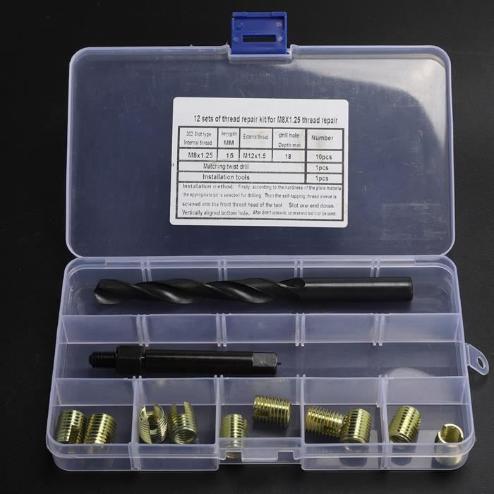 Tbest Insert fileté Kit de réparation de filetage 12 pièces M8 x 1,25 jeu d'outils  d'inserts filetés autotaraudeurs - Cdiscount Bricolage