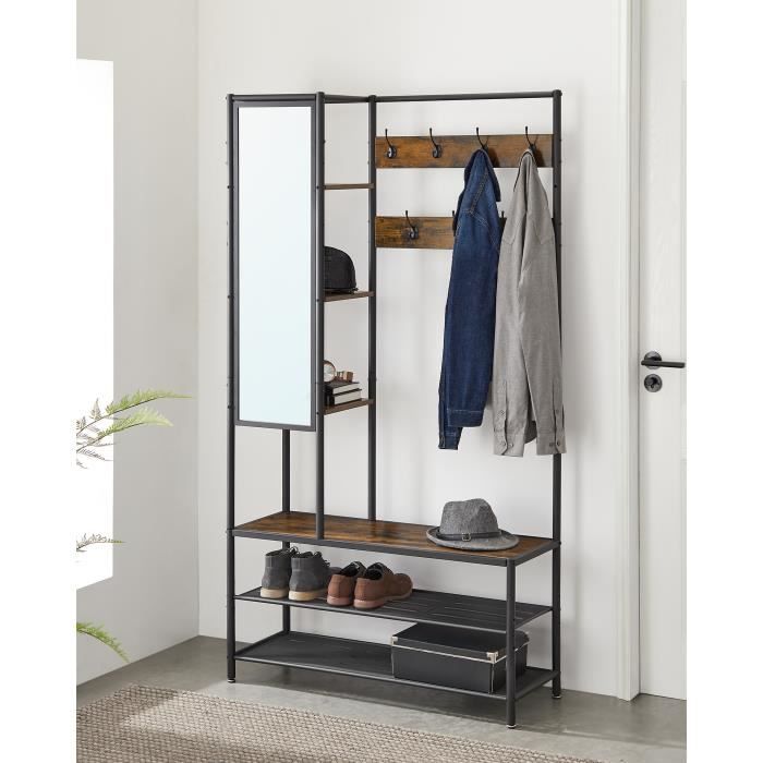 VASAGL Vestiaire d’Entrée avec Miroir 7 Crochets 4 étagères Banc et Porte-chaussures 35 x 98 x 182 cm HSR420B01
