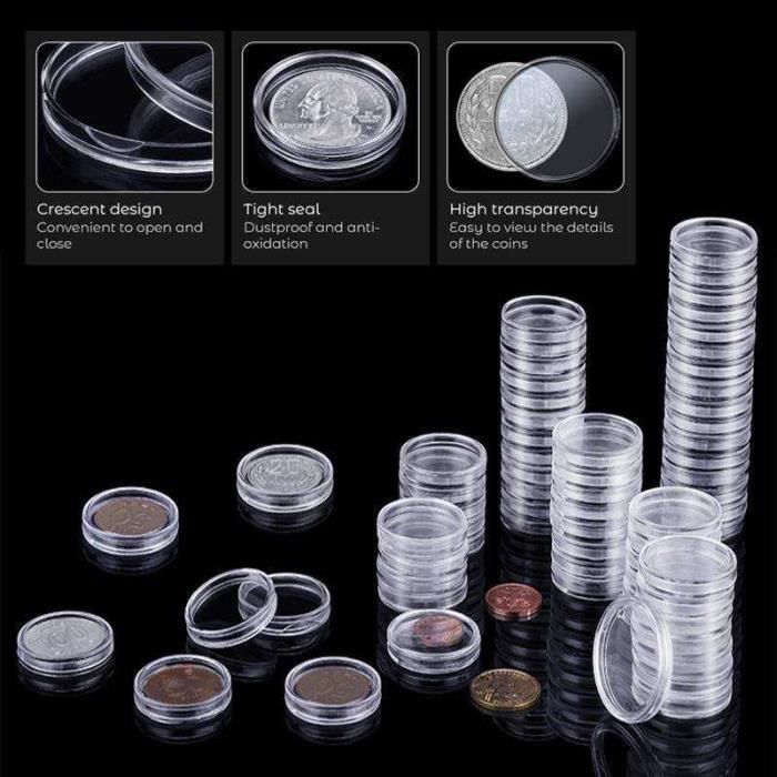 GS00847Capsules pour pièces de monnaie. 1025 pièces 21222325262728 45mm. boîte ronde