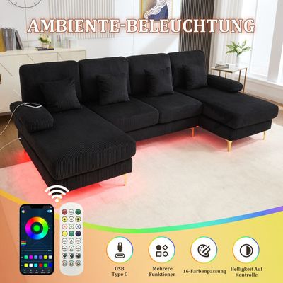 Canapé D'angle 4 Places Vepssder En Velours Côtelé Noir - Avec éclairage LED, Ports USB-C, Tiroirs Et Repose-pieds | Canapé Modulable En L, Capacité 300 Kg