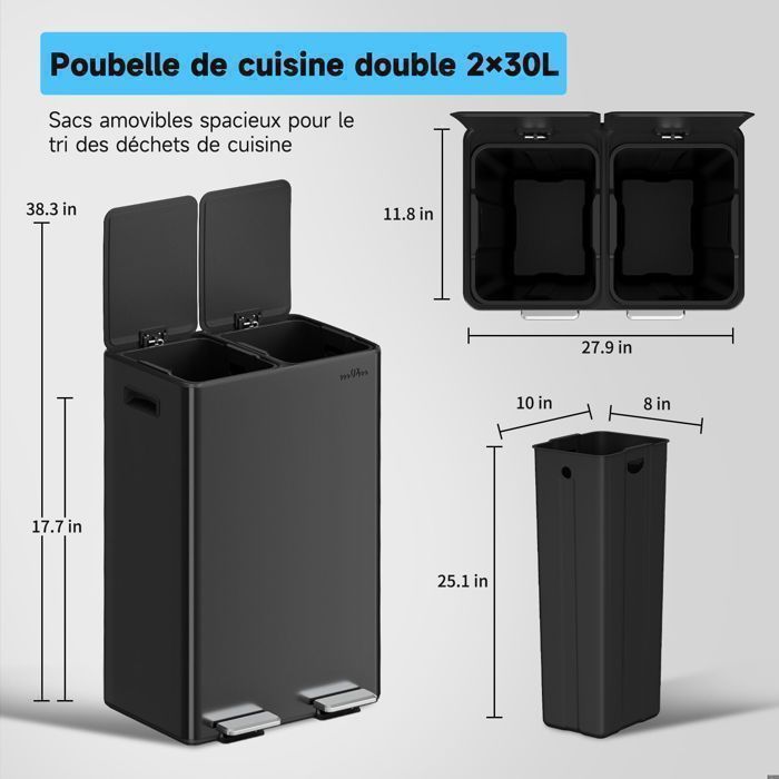 Poubelle De Cuisine, 2 X 30 L, 2 Compartiments, Poubelle à Pédale