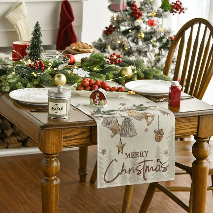 Chemin De Table De Noël Avec Flocons De Neige Et Sapin - 33x183 Cm