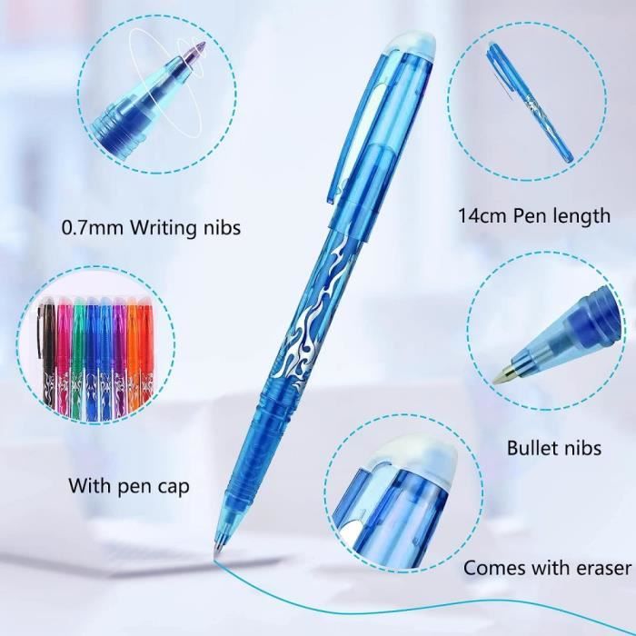 SENRISE Lot de 12 recharges pour stylos effaçables 0,7 mm Encre bleue  effaçable
