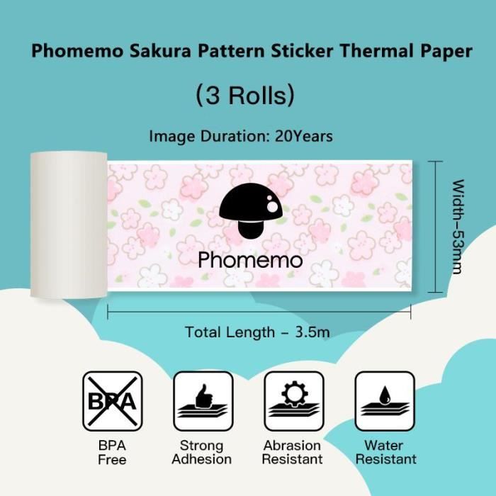 Pour Phomemo T02 3 rouleaux Bluetooth imprimante papier thermique étiquette  papier 50mm x 3.5m 20