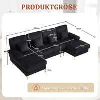 Canapé D'angle 4 Places En U Avec LED Et Ports USB - Velours, Méridiennes - Gris, 3 Colis - Pour Salon, Bureau