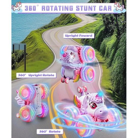 Voiture RC Licorne Transformable – 2 Batteries, 360°, Lumières LED, Dès 3 Ans