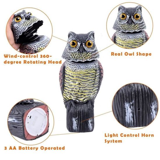 Riegolux 714117 - Épouvantail Éolien Hibou 39 Cm - Tête Rotative 360° Avec Yeux Réfléchissants