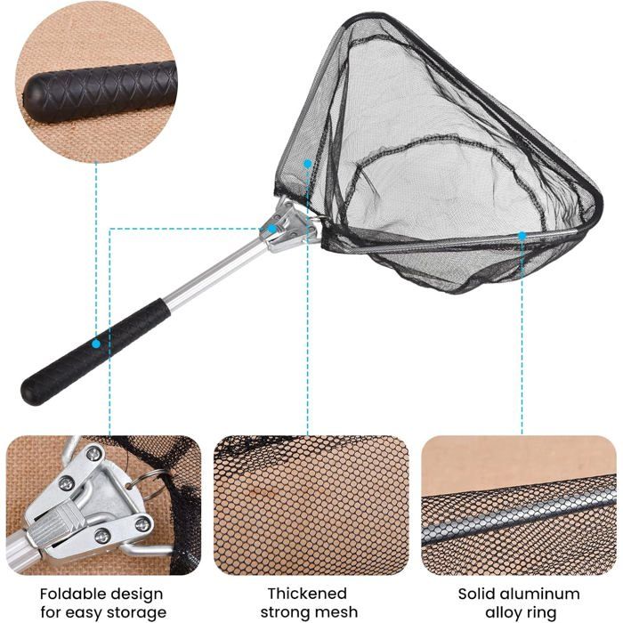 Épuisette Télescopique Pliable – Manche Aluminium 3 Sections, 1.3m, Maille Fine