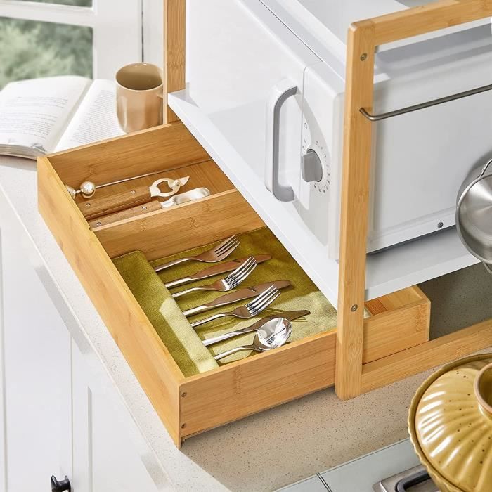 Étagère Micro-ondes 2 Niveaux Avec Tiroir - 54x35x50 Cm - Bois Et Blanc - Pour Cuisine, Appartement, Petit Espace - 6