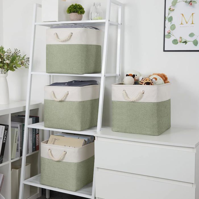 Bac de rangement - KZQ - 30 x 30 x 30 cm - Pliable - Lin - Blanc + Vert ...
