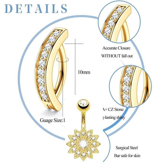 5 pièces Piercing nombril bleu avec long pendentif pendant kit pour femme fille,14G acier inoxydable qui pend anneau suspendu,vintage chaîne piercings au nombril, incurvé Barbell CZ bijoux corps 10mm