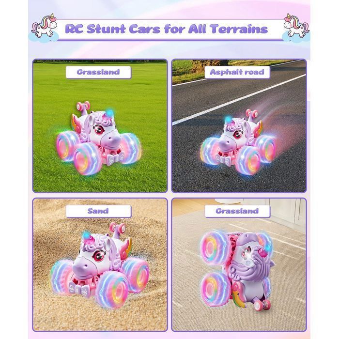 Voiture Télécommandée Licorne Pour Fille 3-6 Ans – RC Stunt 360°, LED, Rechargeable USB, Mode Automatique