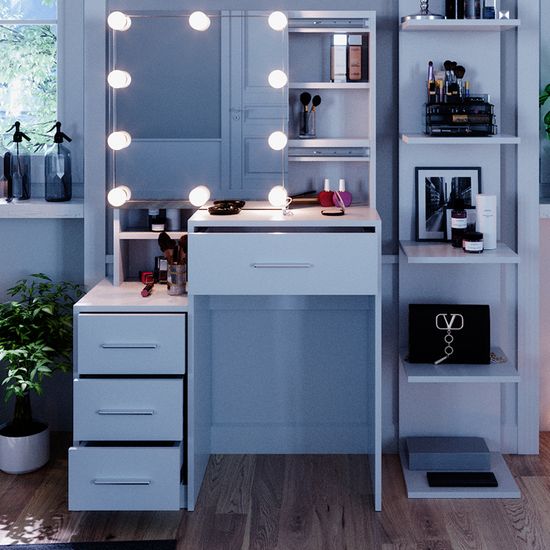 Vicco coiffeuse Meryl, Blanc, 80 cm avec éclairage LED et tabouret | Rakuten