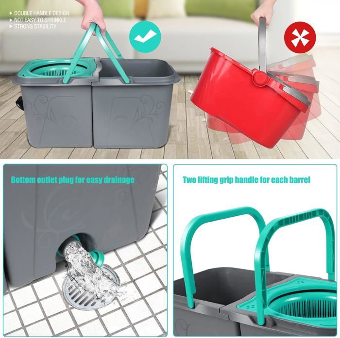JUNYFFF Balai à Franges Rotatif 360° Avec Seau Essoreur Pédale INOX - 2 Tampons Microfibre, Manche Télescopique