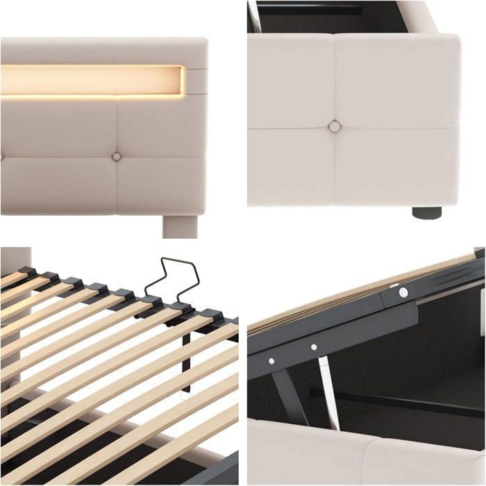 Lit capitonné 90x200 cm,avec tête de lit rangement, avec éclairage LED et port USB,Lit avec rangement hydraulique,Velours,Rose(matelas non inclus) | Leroy Merlin