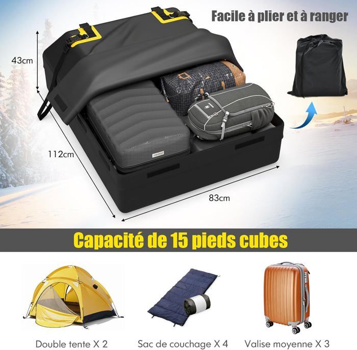 Sac De Toit Voiture 4,5 M³ étanche - Compatible Avec/sans Barres De Toit - 4 Sangles, Tapis Antidérapant, Serrure à Code - Noir