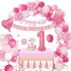 MMTX 1er Décoration Anniversaire Fille Ballon Anniversaire Roses ​Bannière de Happy Birthday Grand Ballon Numéro 1 et Ballons Confet