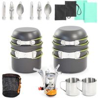 Toboli Set de vaisselle Camping 16 pièces Équipement de cuisine Plein air avec couverts et tasses