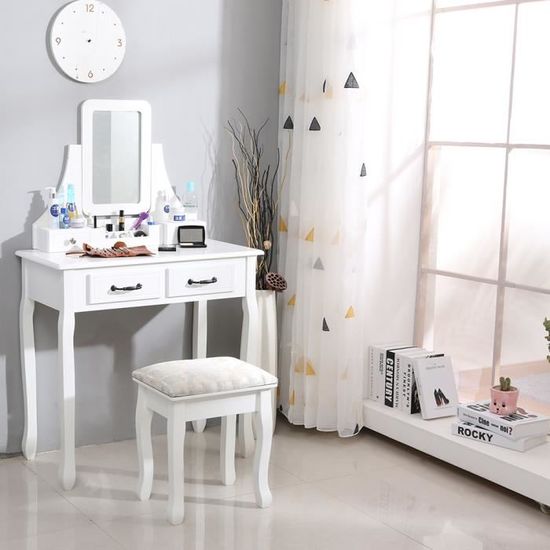 (Blanc) Coiffeuse design Miroir 4 Tiroir avec coulisses tabouret housse lavable 75 x 40 x 130 cm (L x l x h)