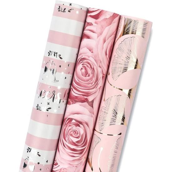 5 Rouleaux Papier D'Emballage Cadeau Rose Et Blanc 43x300cm + Rubans - Idéal Anniversaire, Noël Et Fêtes
