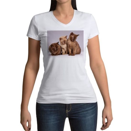 T Shirt Femme Col V Bebe Chats Siamois Persan Poils Longs Chat Trio Mignon Blanc Cdiscount Pret A Porter
