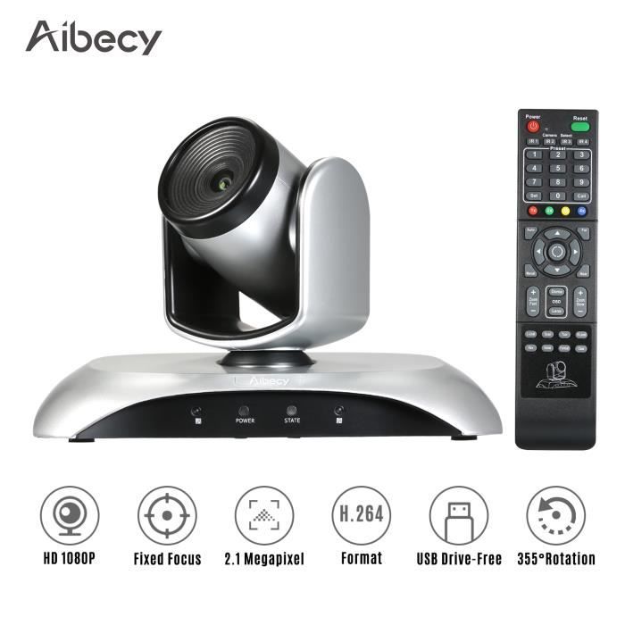 Aibecy 1080P HD Caméra de vidéoconférence à focale fixe Webcam grand angle 355 °rotation libre avec télécommande US 100-240V