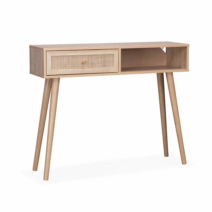 Console en cannage 100x29x81cm - Bohème - 1 tiroir.1 espace de rangement. pieds scandinaves en bois. 1 poignée