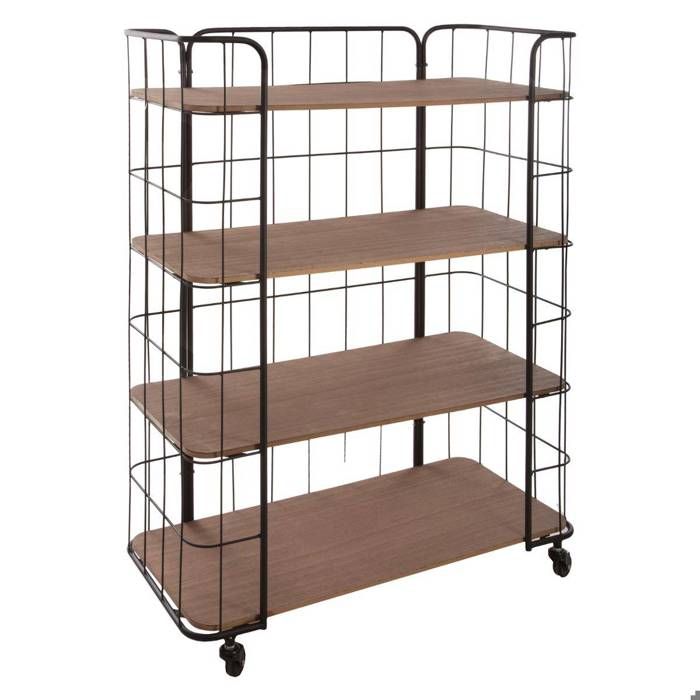 Etagère meuble de rangement 4 étages sur roulettes - NOIR et BOIS Noir