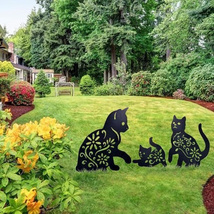 Décoration de Pelouse de Jardin, 3 Pièces Créatives Ornements de Silhouette de Chat en Métal, Statue Animale, Signe de Cour