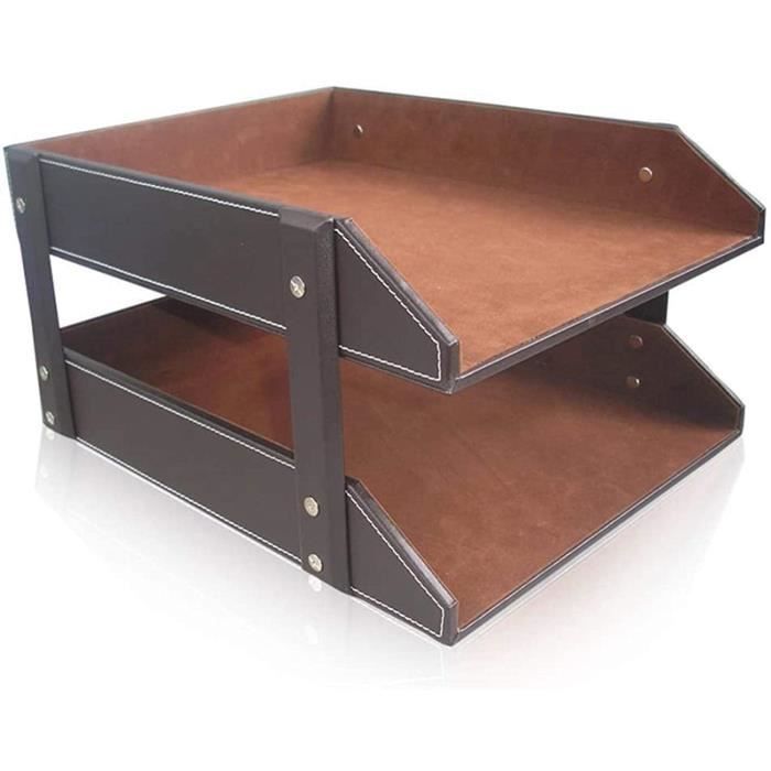 Corbeille à courrier en cuir et en bois - 2 niveaux - Marron