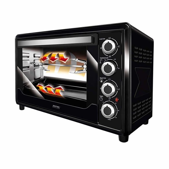 MPM MPE-07T Four électrique de table à convection 45 litres, acier inoxydable, rôtissoire à poulet, minuterie, noir, 2000W