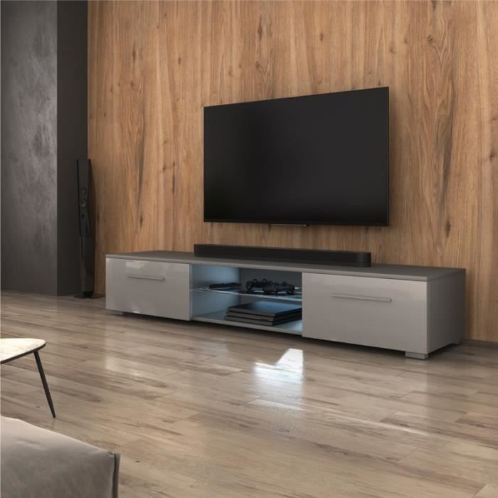 Meuble TV / Meuble salon - SYVIS - 140 cm - gris mat / gris brillant - avec LED - style moderne