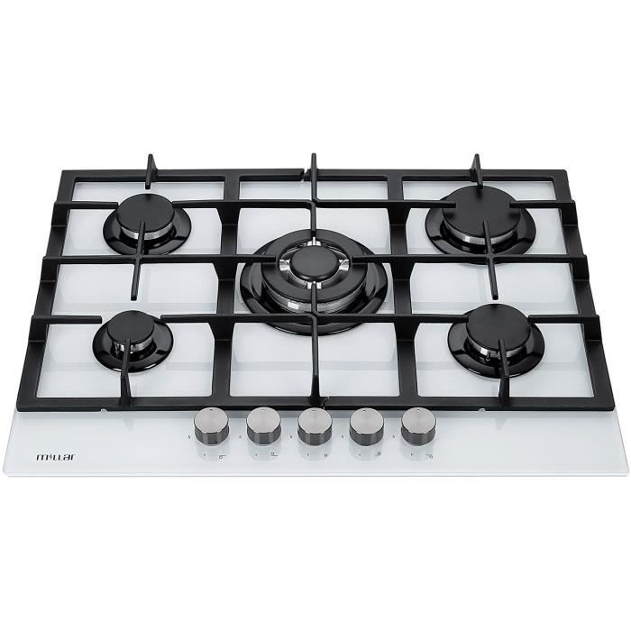 Millar GH7051TW Plaque de cuisson en Verre trempé avec 5 brûleurs à gaz Blanc 70 cm/Table de Cuisson
