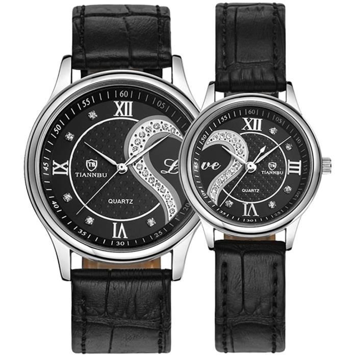 Saint-Valentin Romantique Paire Lui et Le Sien Poignet Montres pour Couple Homme Femme Ultra Fin Cuir Jeu de 2