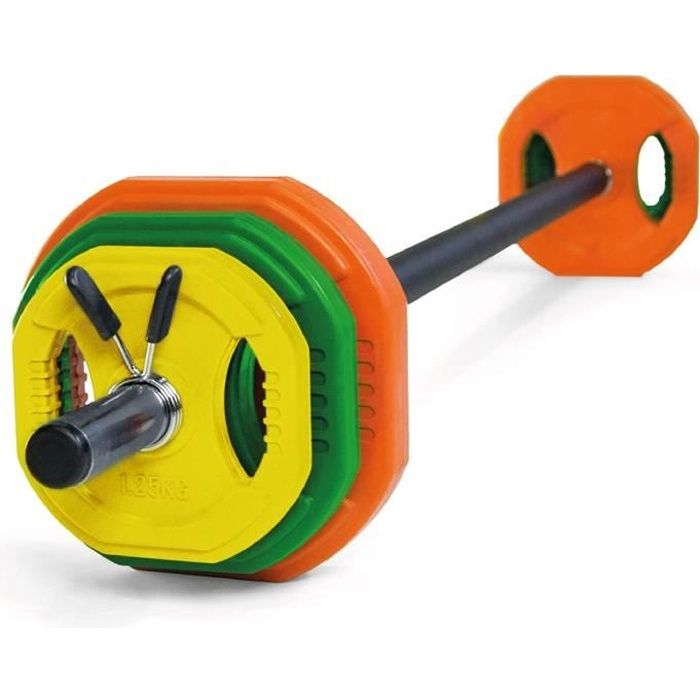 Kit de musculation réglable - Barre 140cm acier + caoutchouc - Diamètre 28mm + 6 Disques de couleur (17,5Kg au total) - 2 clips