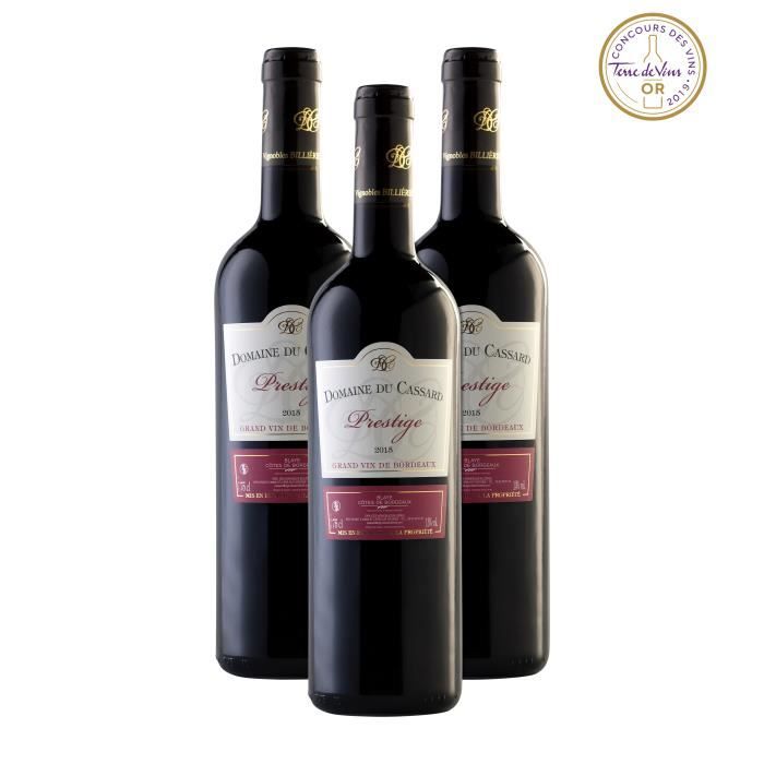 Lot de 3 bouteilles Vin Rouge Blaye Côtes de Bordeaux Domaine du Cassard - Cuvée Prestige - Médaille d’Or au Concours Terre de Vin