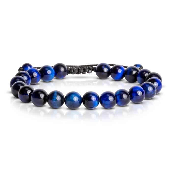 Bracelet Ajustable en Perles Tiger Eye Blue de 8 mm - Pierres Précieuses Naturelles - Taille de 17 à 25 cm - Pour Homme et Femme