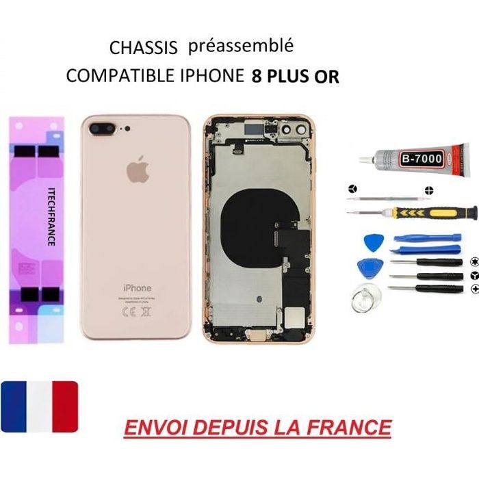 Châssis arrière préassemblé compatible iphone 8 plus OR vitre arrière, qualité origine, dos en verre, kit outil tournevis profession