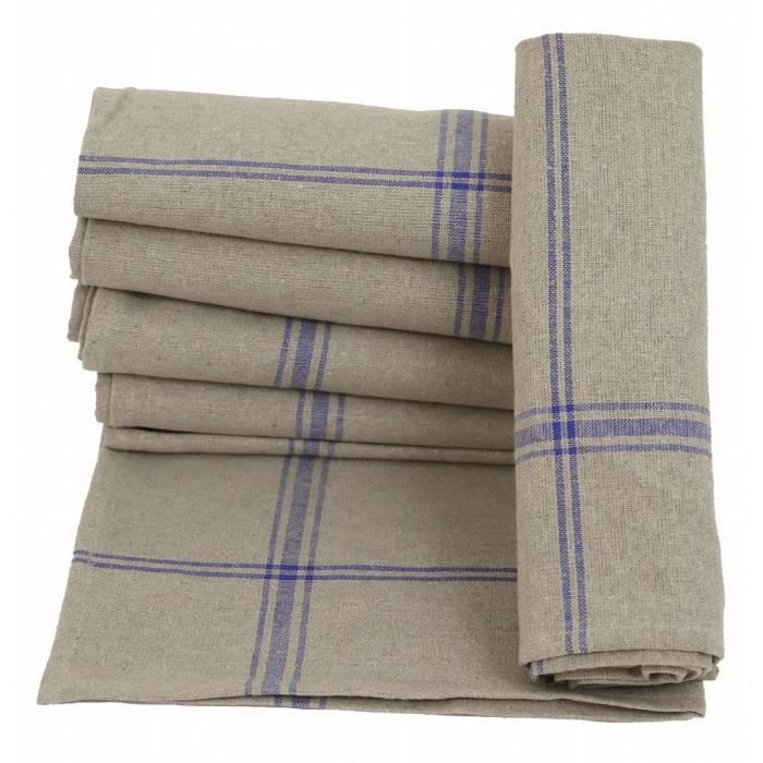 LINANDELLE - Lot de 6 torchons de cuisine pur Lin NORMANDIE - Bleu