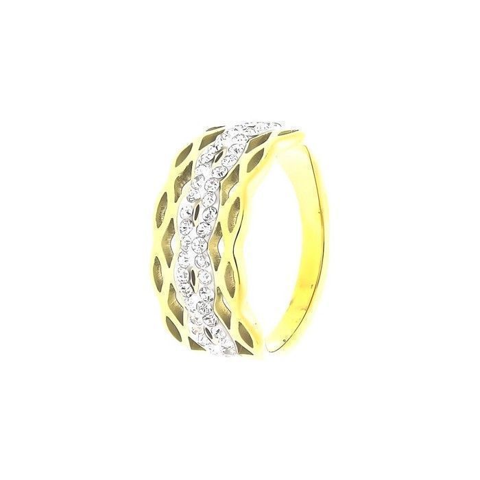 Bague Anneau Plateau Cristal Swarovski* Blanc Femme Plaqué Or Jaune 24 Carats