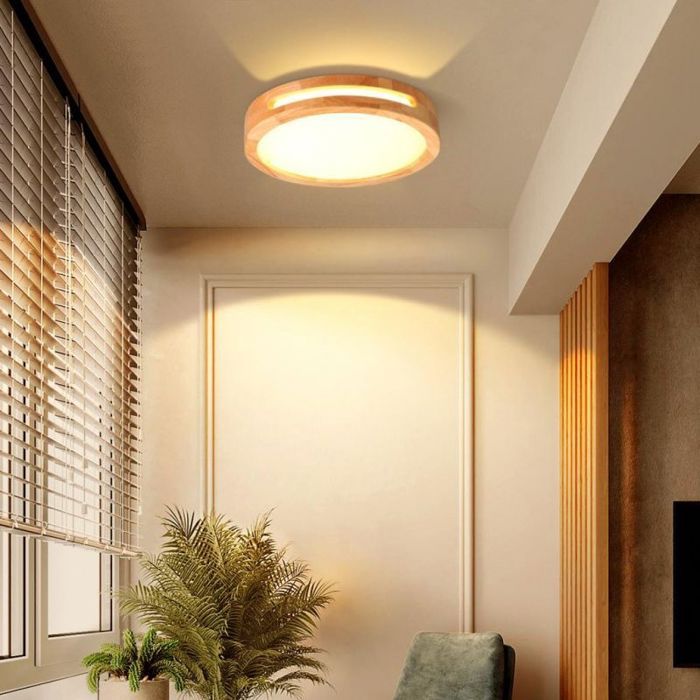 WOTTES Plafonnier LED en bois 40CM Rond Plafonnier LED Salon Blanc Chaud Plafonnier en chêne Rond Lampe en bois pour balcon