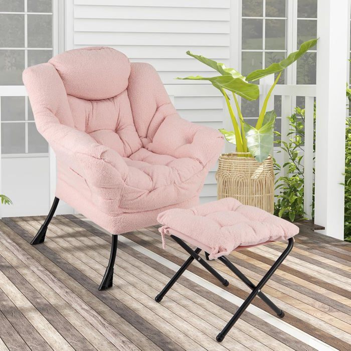 Fauteuil Relax COSTWAY-Repose-pied Pliable-Coussin de Tête-Siège Souple-Accoudoirs-Poche Stockage-Cadre en Métal-Charge 150 kg-Rose Fauteuil Relax COSTWAY-Repose-pied Pliable-Coussin de Tête-Siège Souple-Accoudoirs-Poche Stockage-Cadre en Métal-Charge 150 kg-Rose