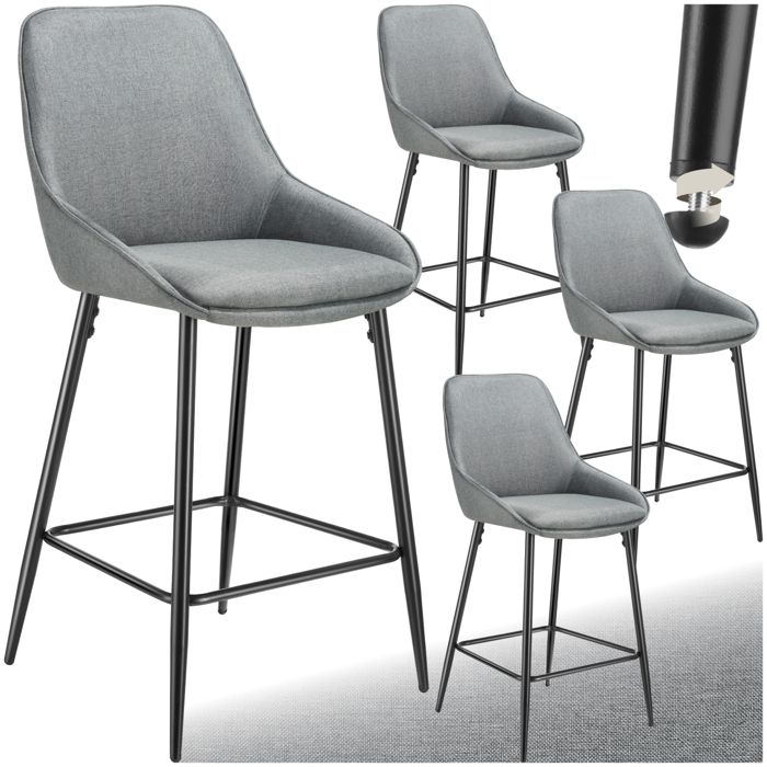 Tabouret de bar - TECTAKE - Lot de 4 tabourets SIERA avec tissu doux et repose-pieds 49 x 54 x 100 cm - Gris/noir