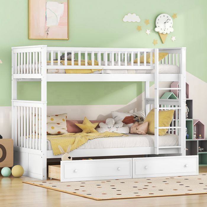 Lit superposé 90 x 200cm lit mezzanine fonction extensible 2 tiroirs protection anti-chute convertible en 2 lits simples blanc