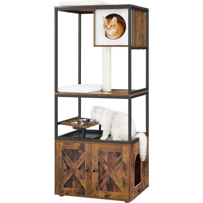 Meilleurs prix pour Feandrea Arbre À Chat,Maison Pour Chat Avec Cache-Litière,Gamelles Surélevées,Poteau À Griffer En Sisal,Tapis Lavables,Marron Rust