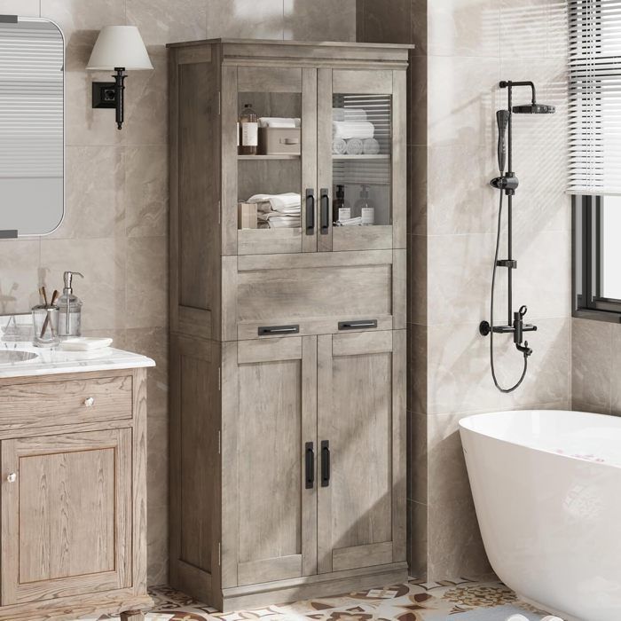 Colonne de salle de bain - PROMIRACAL - 170 cm - 5 compartiments - Portes et tiroir - Gris