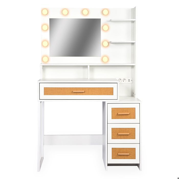 MENZZO Coiffeuse 4 tiroirs et miroir LED 3 couleurs Miraclas L92cm Bois Blanc et Rotin