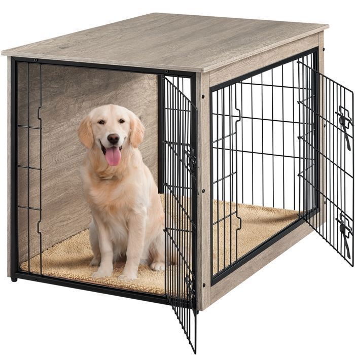 Meilleurs prix pour Yaheetech Cage pour Chien en Bois avec 2 Portes Grillagées à Double Serrure et Tapis Pelucheux Antidérapant Gris