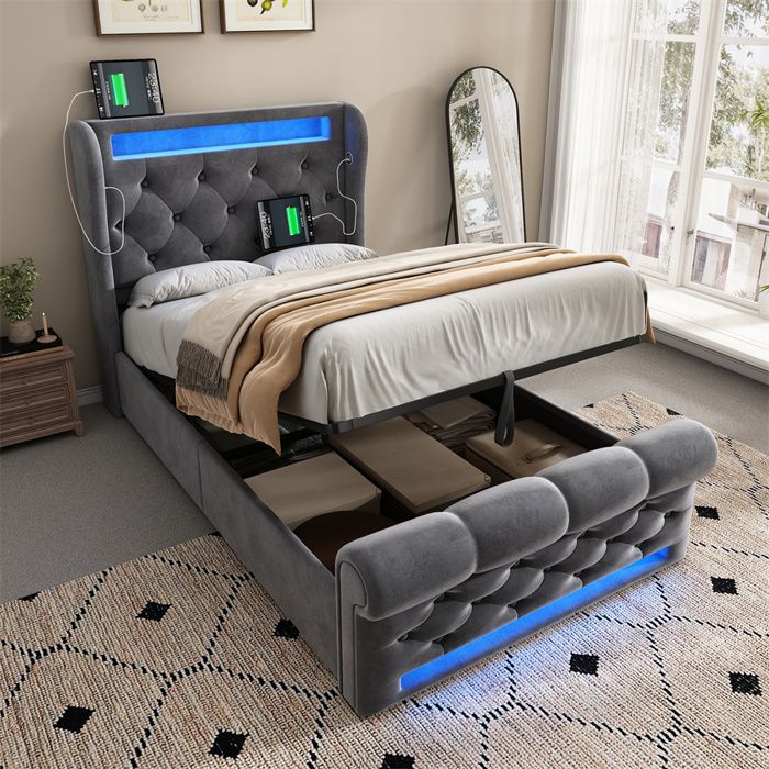 Lit Coffre 90x200 avec LED Lit Une Place Adulte avec Ports USB et Type-C Lit Une Personne Adolescent Garcon Fille Velours Gris